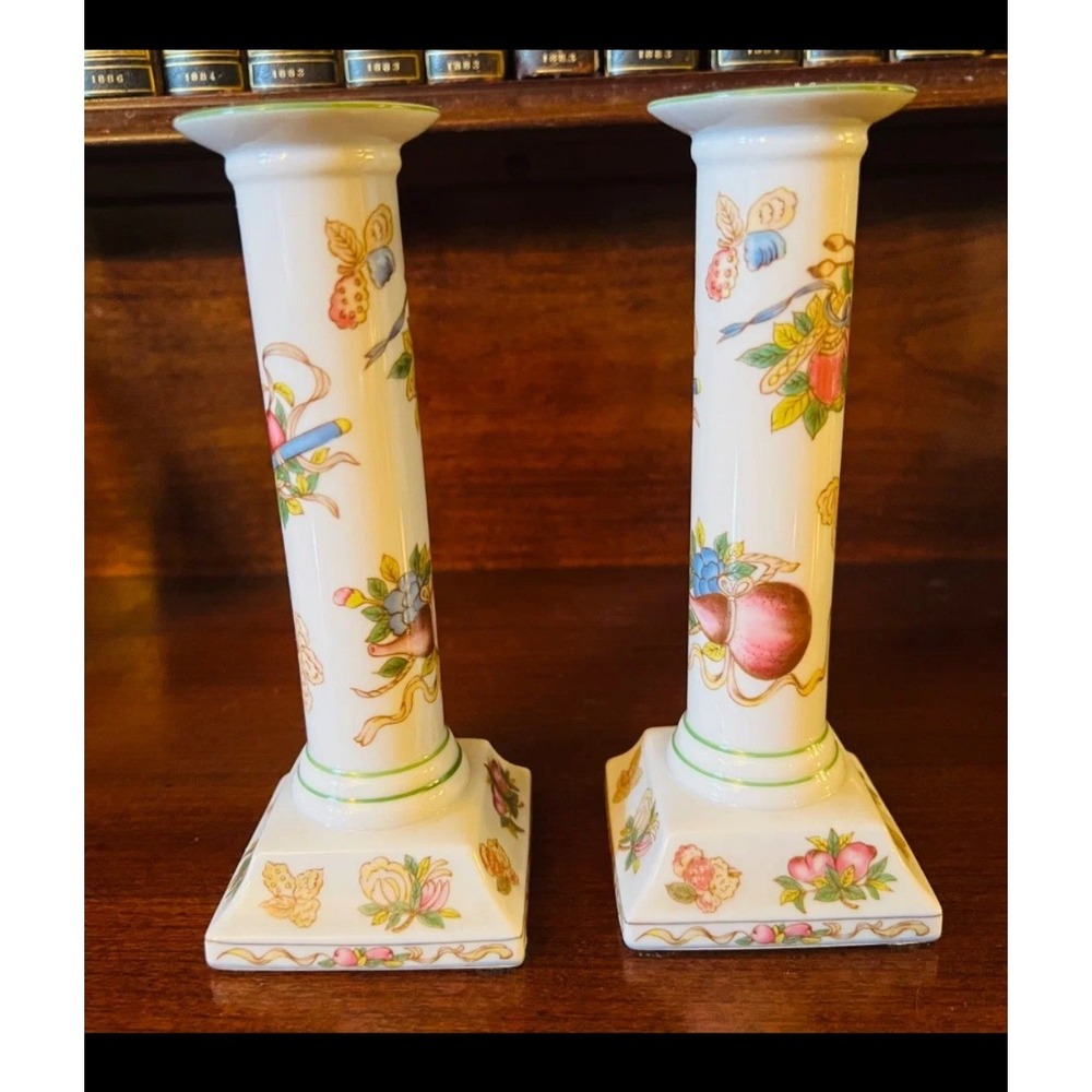 Andrea by Sadek Porcelain Candlesticks Pair Vintage Chinoiserie Bird Floral 7"
